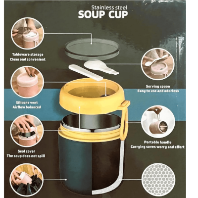 Stainless Steel Solid Soup Container with 1 Spoon and Spoon Holder Soup Cup Top, (Best Gift for Boys).